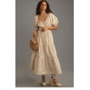 Anthropologie Somerset Midi Dress in Polka Dot Size Large Cream Gold Prairie